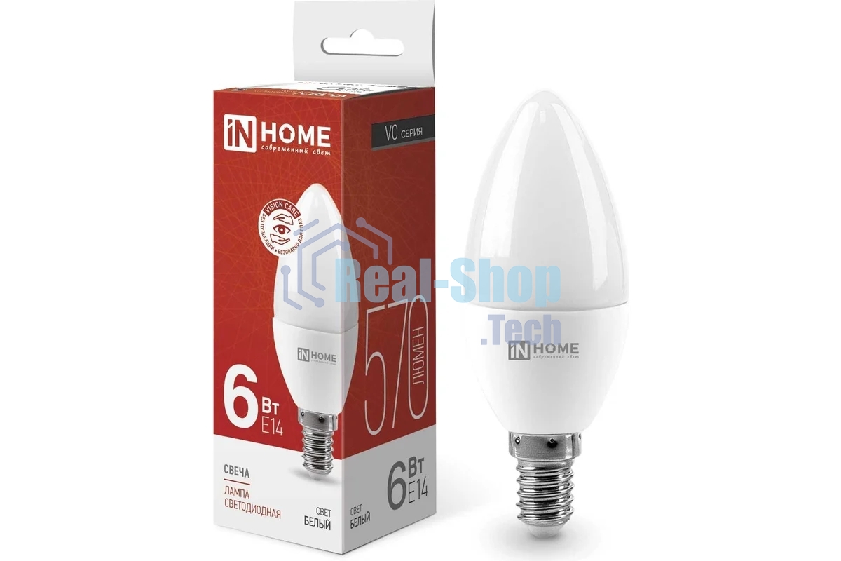 Лампа светодиодная IN HOME 4690612020396 LED-Свеча-VC 6 Вт свеча 4000К нейтр. белый E14 540 лм 230В