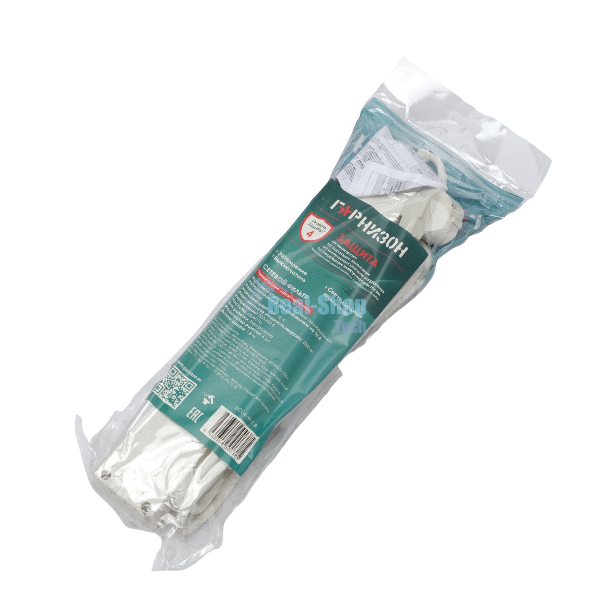 Сетевой фильтр Гарнизон ECL-6-W-1.8, 6 р, 10А, 1.8 м, ур.защиты 4, белый, пакет