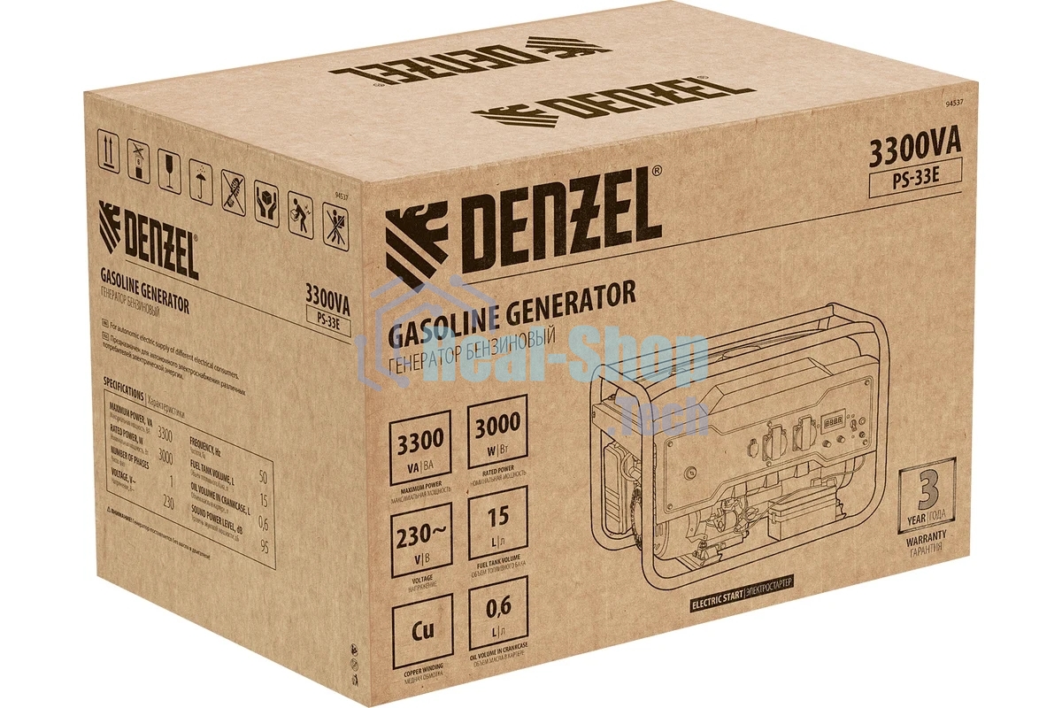 Электрогенератор бензиновый Denzel PS-33E, 3.3 кВт, 85 дБ, 48.5 кг