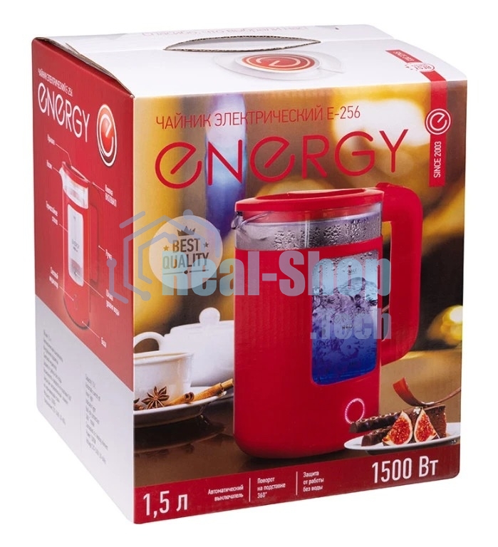 Чайник электрический Energy E-256 1500Вт, 1.5л стекло, красный