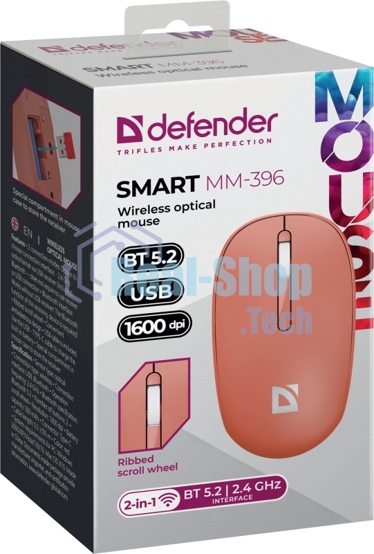 Мышь беспроводная Defender Smart MM-396 красный, 1600 dpi, радиоканал, Bluetooth, USB, кнопки - 3