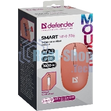 Мышь беспроводная Defender Smart MM-396 красный, 1600 dpi, радиоканал, Bluetooth, USB, кнопки - 3