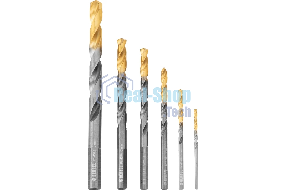 Набор сверл по металлу Denzel 2-8мм, Р6М5К8-TiN, Golden Tip, 6 шт 723004