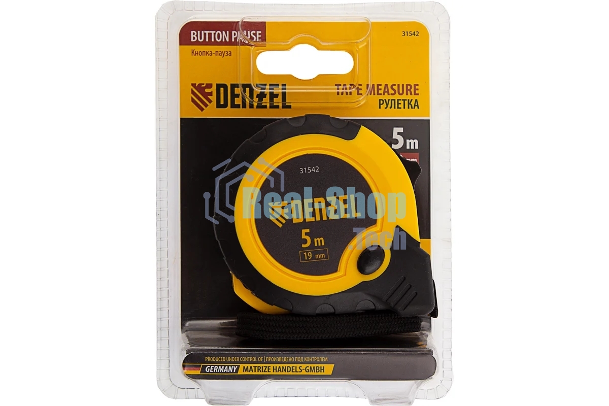 Рулетка 5м х 19мм, двухкомп. корпус, кнопка-пауза Denzel