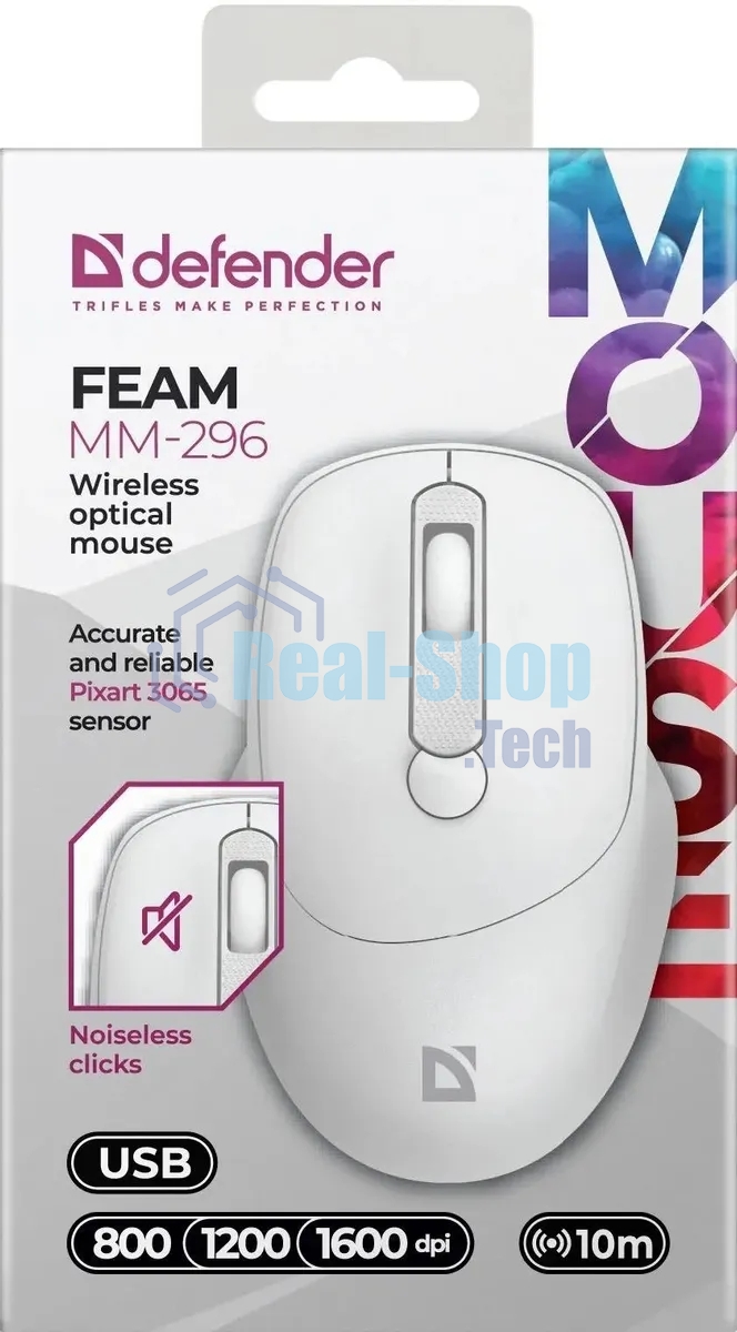 Мышь беспроводная Defender Feam MM-296 белый, 1600 dpi, радиоканал, USB, кнопки - 4