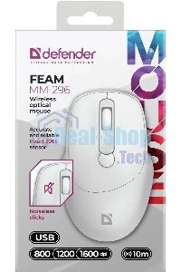 Мышь беспроводная Defender Feam MM-296 белый, 1600 dpi, радиоканал, USB, кнопки - 4