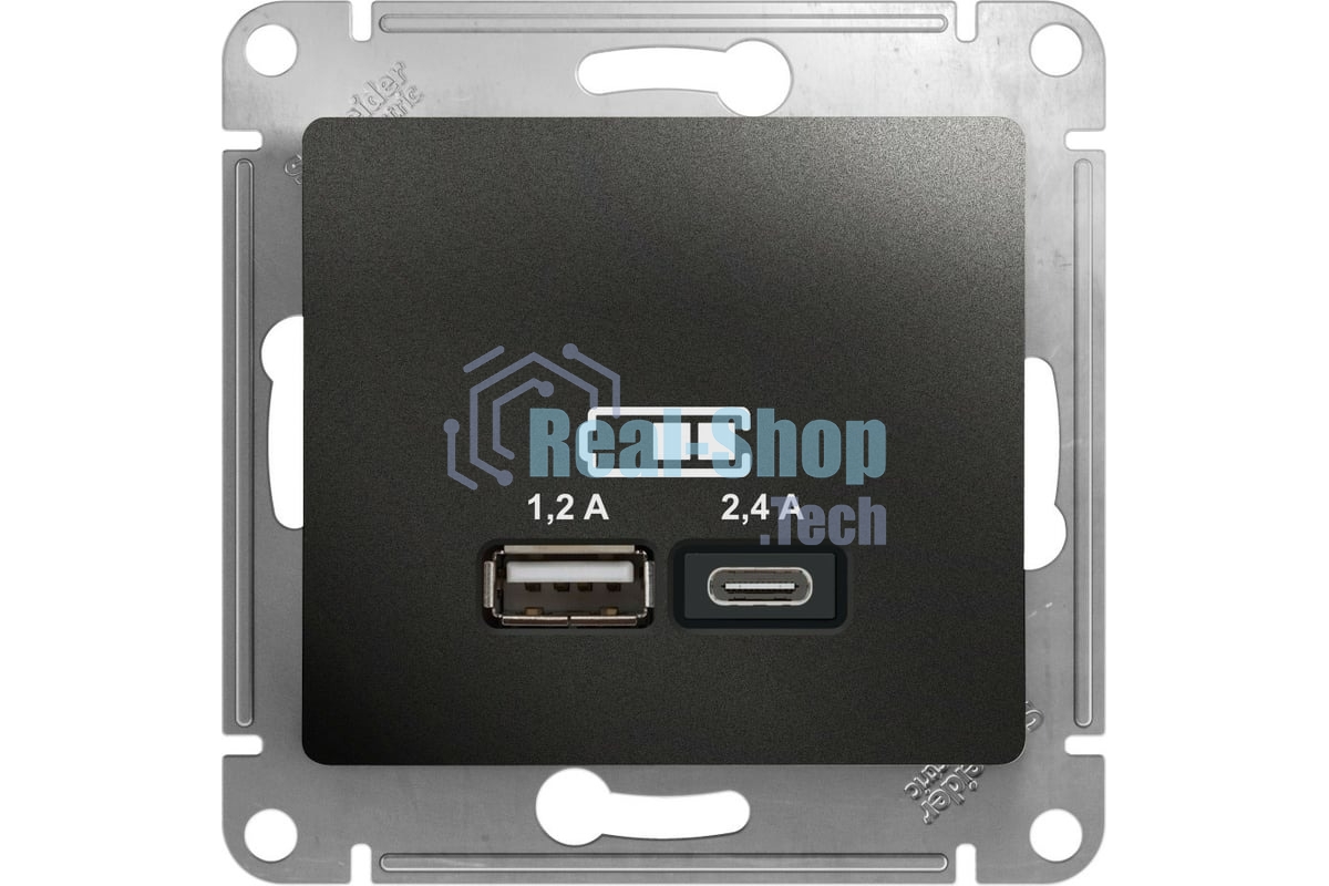 Розетка SE Glossa USB A+С, 5В/2,4А, 2х5В/1,2А антрацит