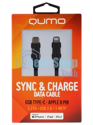 Кабель QUMO, MFI С94, Type-C на MFI Apple 8 pin, силиконовый, 1м, 2,22A, 9V, 20W, PD черный