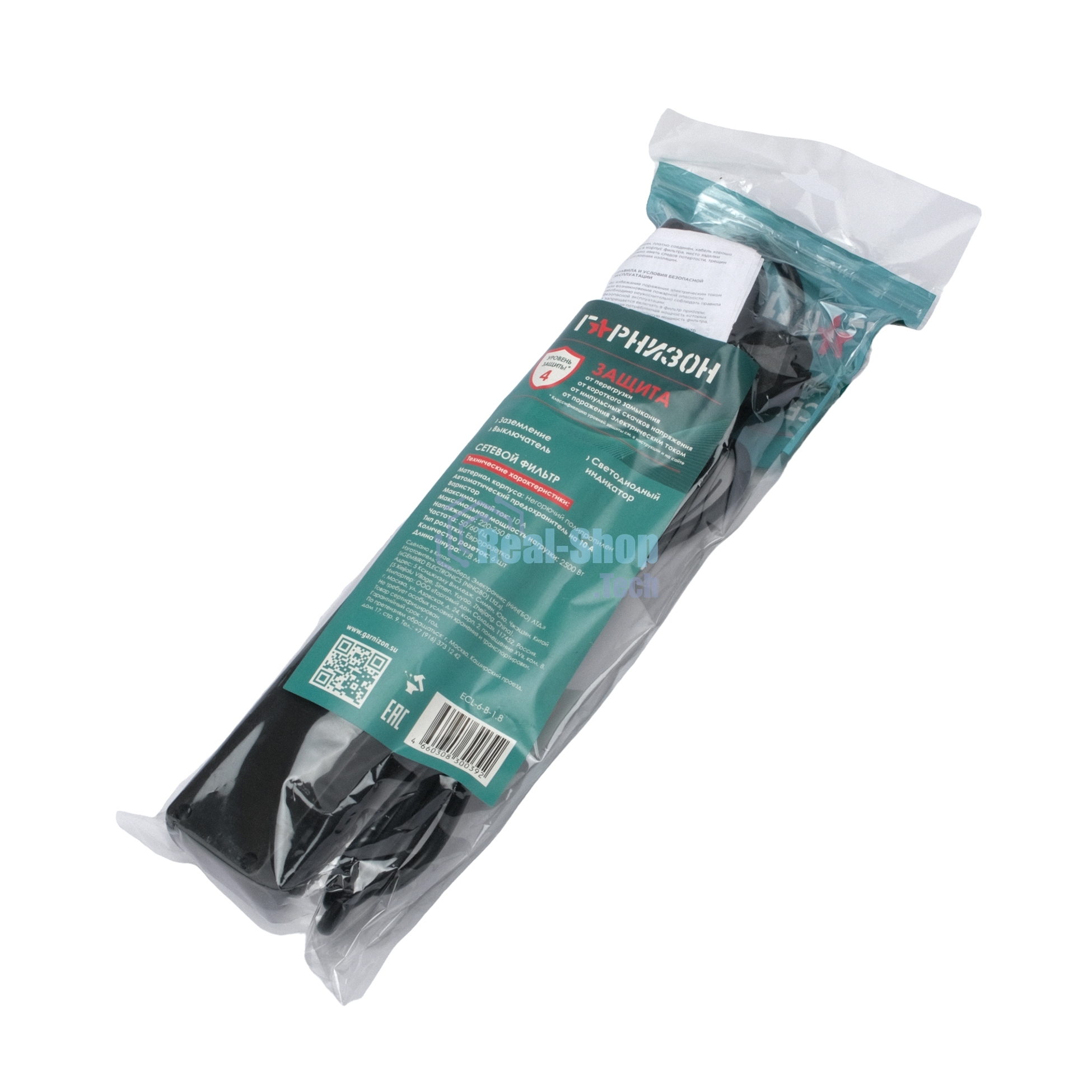 Сетевой фильтр Гарнизон ECL-6-B-1.8, 6 р, 10А, 1.8 м, ур.защиты 4, черный, пакет