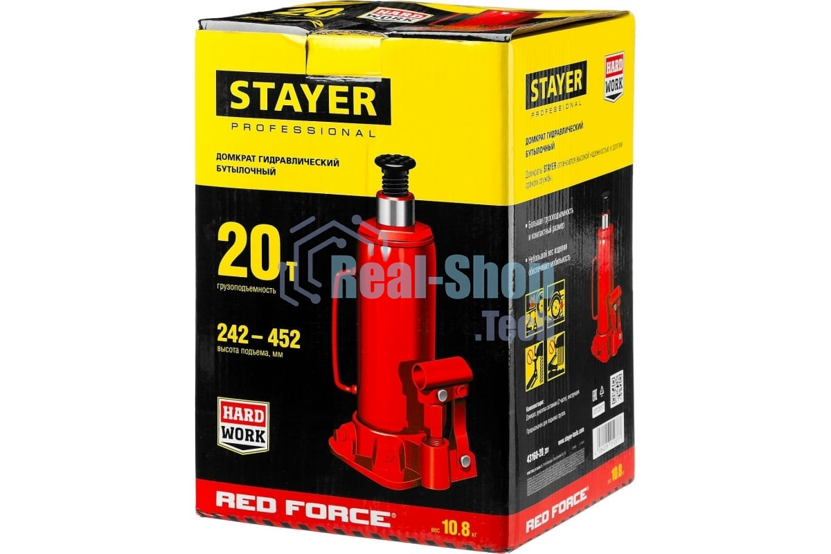 Домкрат STAYER 43160-20_z01 гидравлический бутылочный red force 20т 242-452мм