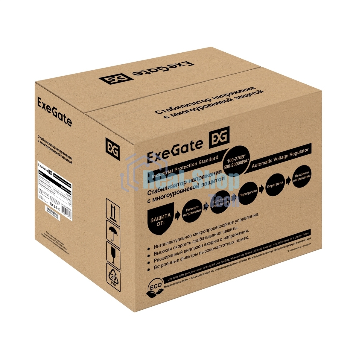 Стабилизатор напряжения ExeGate Expert AS-15000 (15000ВА, вход 140-260В, цветной дисплей, выход 220В±8%, КПД 98%, 5 уровней защиты, задержка, усиленный метал. корпус, клем.колодка, RTL)