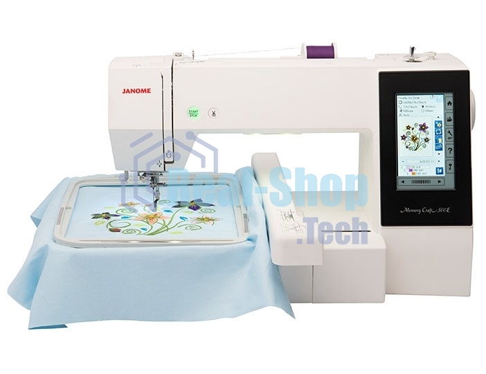 Швейная машина Janome Memory Craft 500Е 160 вышив.дизайнов, алфавит 6 видов, в том числе русский, монограммы в 2, 3 буквы и эмблемы, бордюры 46 видов, швейные строчки 52 образца, макс.поле вышивки 200х280 мм, увелич.рабочая поверхность, прямое соединение 