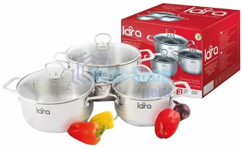 Набор посуды Lara LR02-81 Standart 6пр. LR02-81 Набор посуды Lara Standart (2.3 л + 4.5 л + 5.7 л) капсулированное индукционное дно, крышки