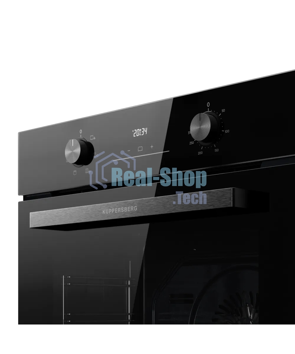 Духовой шкаф Kuppersberg HO 606 P Black, High-Tech, 78 л, поворотное управление, утапливаемые переключатели, дисплей, таймер, 6 режимов, макс. температура 310 градусов, телескопические направляющие (на 1 уровень), цвет черный, цвет фурнитуры черный