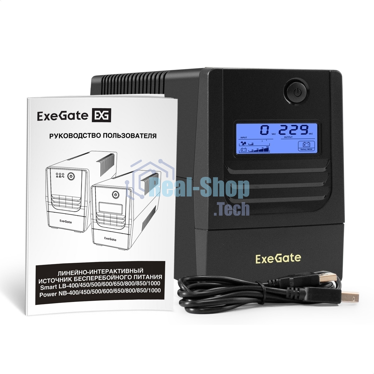 Источник бесперебойного питания ExeGate Smart LB-650.LCD.AVR.2SH.USB / 650 ВА / 390 Вт / 2 x CEE 7 (евророзетка)