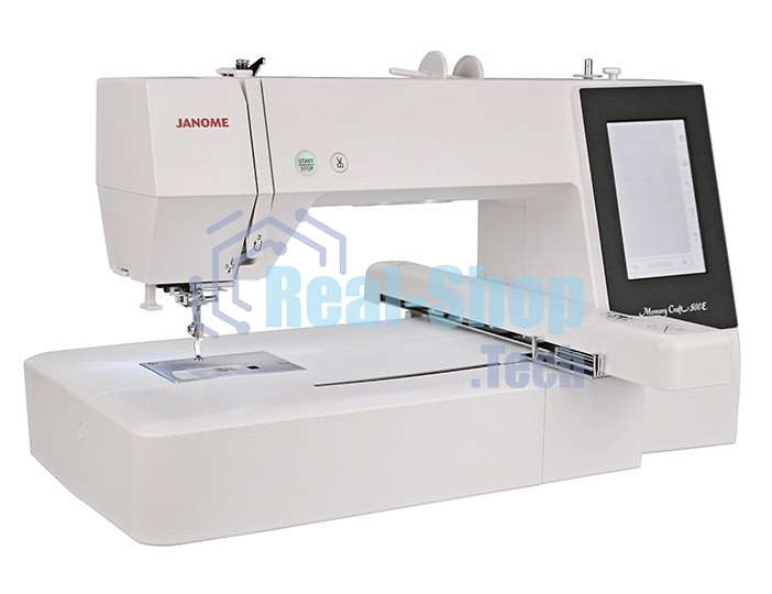 Швейная машина Janome Memory Craft 500Е 160 вышив.дизайнов, алфавит 6 видов, в том числе русский, монограммы в 2, 3 буквы и эмблемы, бордюры 46 видов, швейные строчки 52 образца, макс.поле вышивки 200х280 мм, увелич.рабочая поверхность, прямое соединение 