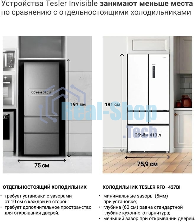 Холодильник Tesler RFD-427BI белый, глянцевый двухкамерный 250/142л морозилка сбоку, No Frost, Side by Side