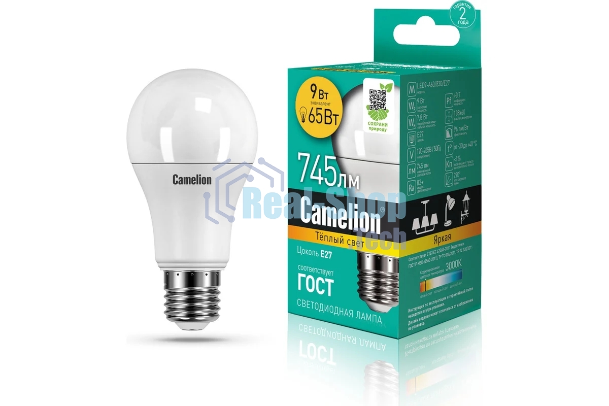 Лампа светодиодная Camelion (15065) LEDRB/9-A60/830/E27