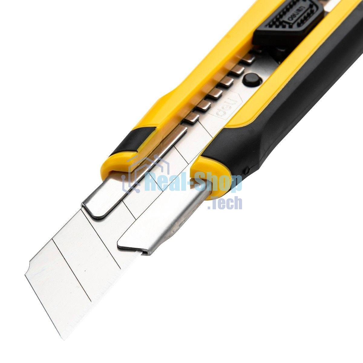 Технический нож Deli DL025 25мм SK4. 2-ступенчатое лезвие. Ударопрочный и обрезиненный корпус. Кнопка автоматической блокировки.