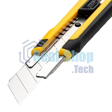 Технический нож Deli DL025 25мм SK4. 2-ступенчатое лезвие. Ударопрочный и обрезиненный корпус. Кнопка автоматической блокировки.