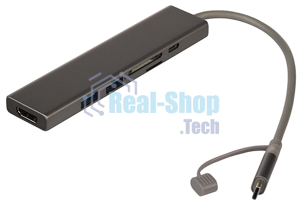 USB-концентратор Qumo Dock 7 (HB-0008), Type-C, PD, HDMI, 4k 30Hz, 1080p 60 Hz, GE1000 MBS, 4 USB 3.0, 20 см, SD, Micro SD, металлический корпус, темно-серый