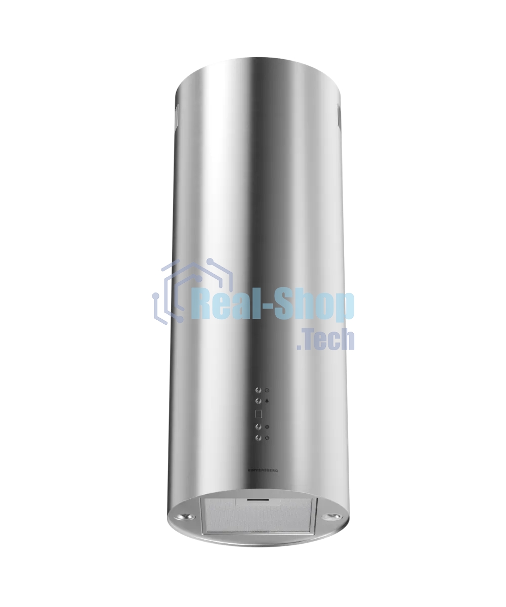 Вытяжка Kuppersberg TUBA 35 X, цилиндрическая, островная, 35 см, электронное кнопочное управление, таймер, отвод/рециркуляция, 3 скорости, производительность 850 м3/ч, LED освещение, обратный клапан, уровень шума 68 дБ, угольный фильтр CF110 (опция), цвет нержавеющая сталь
