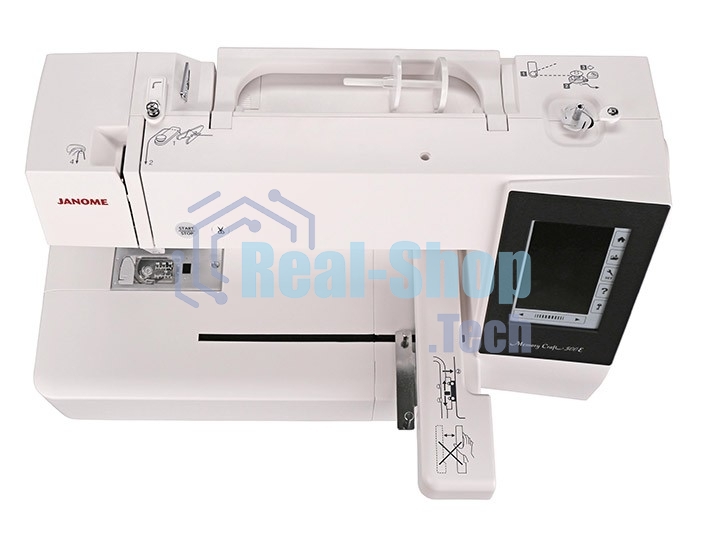 Швейная машина Janome Memory Craft 500Е 160 вышив.дизайнов, алфавит 6 видов, в том числе русский, монограммы в 2, 3 буквы и эмблемы, бордюры 46 видов, швейные строчки 52 образца, макс.поле вышивки 200х280 мм, увелич.рабочая поверхность, прямое соединение 