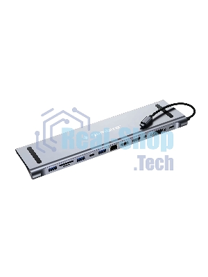 USB-концентратор Type-C Gembird UHB-D6, 12в1: 2xUSB3.1, USB2.0, RJ45, Type-C PD87W, Jack 3.5, SD/TF, 2xHDMI, VGA, Type-C, кабель 23см, алюминий