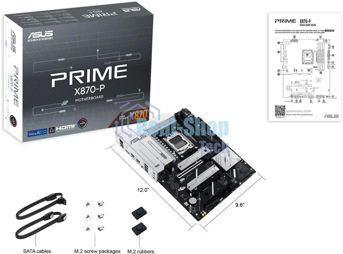 Материнская плата ASUS PRIME X870-P, AM5, AMD X870, 4xDDR5, 2xSATA, 4xM.2, 1xPCIe 5.0 x16, 2xPCIe 4.0 x1, 1xHDMI, 2xUSB-C, 1x 2.5Gb LAN, 4xUSB-A 3.2 Gen 1, 1xUSB-A 3.2 Gen 2, 4xUSB-A 2.0, 3x3.5 мм, 7.1, ATX