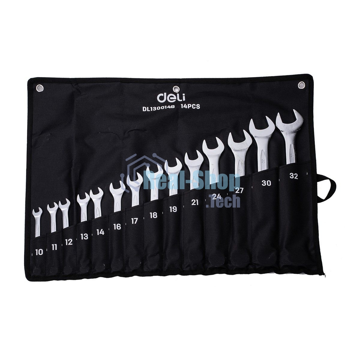 Набор комбинированных гаечных ключей 14 шт Deli DL130014B Спецификация: 10 мм, 11 мм, 12 мм, 13 мм, 14 мм, 16 мм, 17 мм, 18 мм, 19 мм, 21 мм, 24 мм, 27 мм, 30 мм, 32 мм. Матовая хромированная поверхность. Тканевая упаковка.