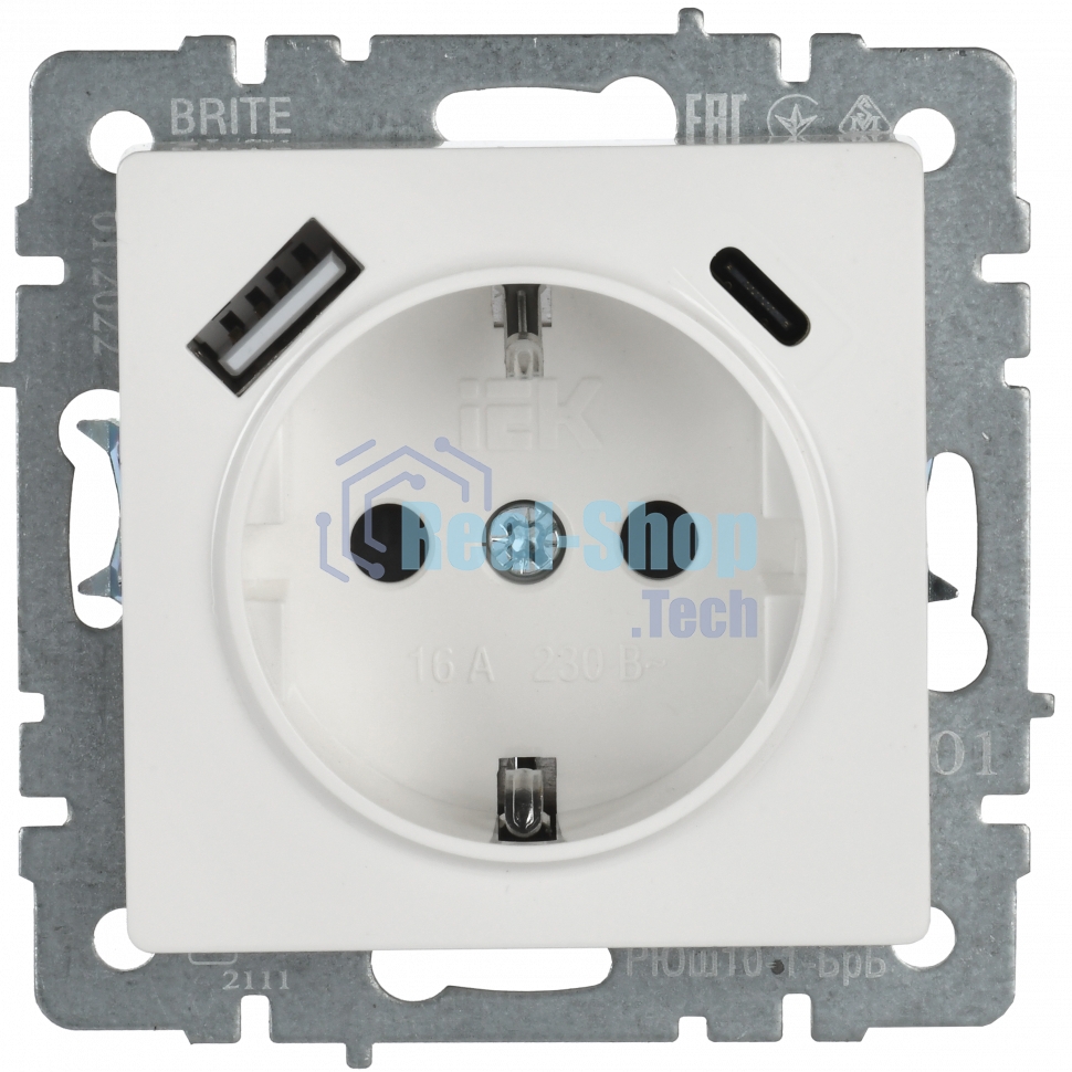 Розетка 1-местная IEK BRITE РЮш11-1-БрБ (BR-R14-16-U22-018-K01) с заземлением, с защитными шторками, 16А, с USB A+C 18 Вт, белый