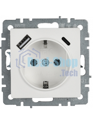 Розетка 1-местная IEK BRITE РЮш11-1-БрБ (BR-R14-16-U22-018-K01) с заземлением, с защитными шторками, 16А, с USB A+C 18 Вт, белый