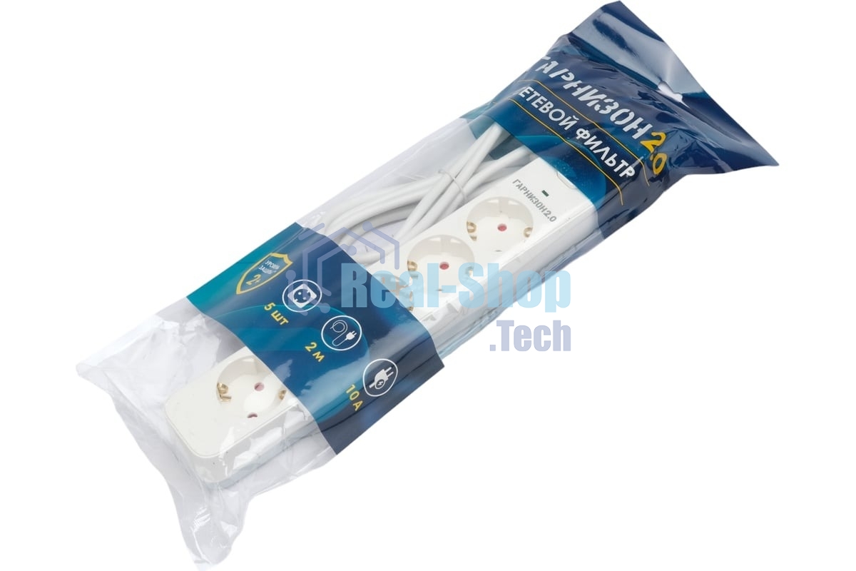 Сетевой фильтр Гарнизон EPS-5-W-2 5р, 2.0, 10А, 2 м, ур.защиты 2+, белый, пакет (21442)