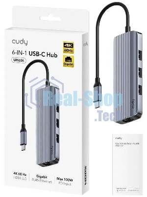 USB-концентратор CUDY UH606, USB Type-C, HDMI + RJ-45 + USB, USB Type-C