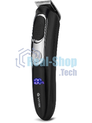 Триммер Vitek VT-2549 BK Питание сеть/аккумулятор. Встроенная аккумуляторная батарея Li-ion 700 mAh 3,7V. Время зарядки 90мин. Время автономной работы 45мин. Влажная очистка. Детальный триммер. Индикатор зарядки. ЖК дисплей с индикацией процента зарядки б