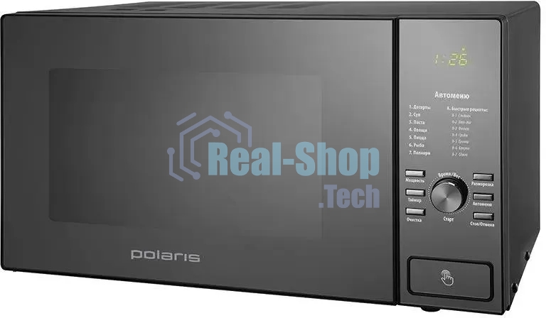 Микроволновая печь Polaris PMO 2303D RUS черный, 23 л, 900 Вт, переключатели- кнопки, поворотный механизм