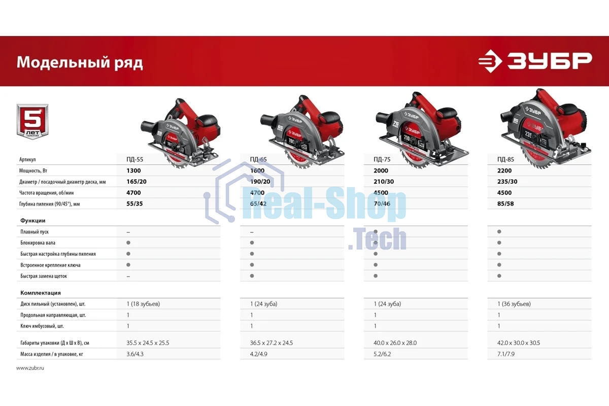 Пила дисковая, 90гр-65 мм, диск 190 мм, 1600 Вт, Зубр ПД-65