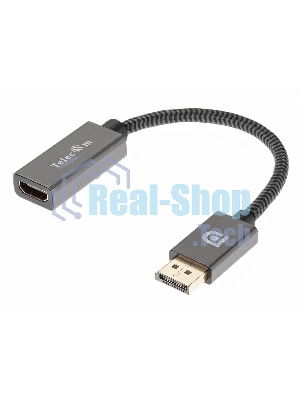 Кабель-переходник DP --> HDMI-F 0.2m, серый металлик, оплетка, 4K@60Hz, Telecom (TA560)