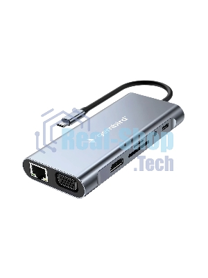 USB-концентратор Type-C Gembird UHB-D4, 10в1: 3xUSB3.1, Type-C PD87W, Jack 3.5, SD/TF, HDMI, RJ45, VGA, кабель 15 см, алюминий