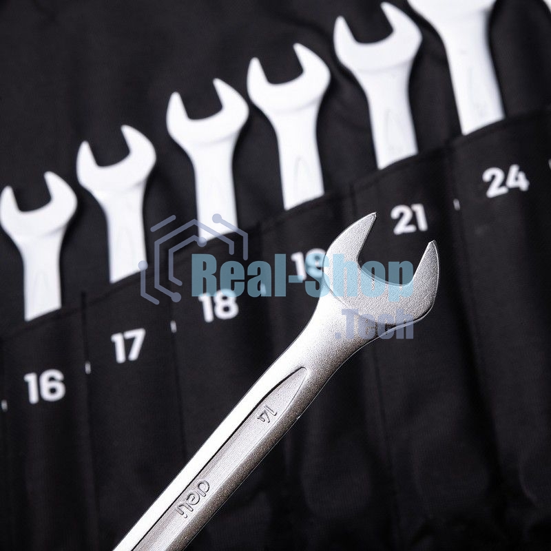 Набор комбинированных гаечных ключей 14 шт Deli DL130014B Спецификация: 10 мм, 11 мм, 12 мм, 13 мм, 14 мм, 16 мм, 17 мм, 18 мм, 19 мм, 21 мм, 24 мм, 27 мм, 30 мм, 32 мм. Матовая хромированная поверхность. Тканевая упаковка.