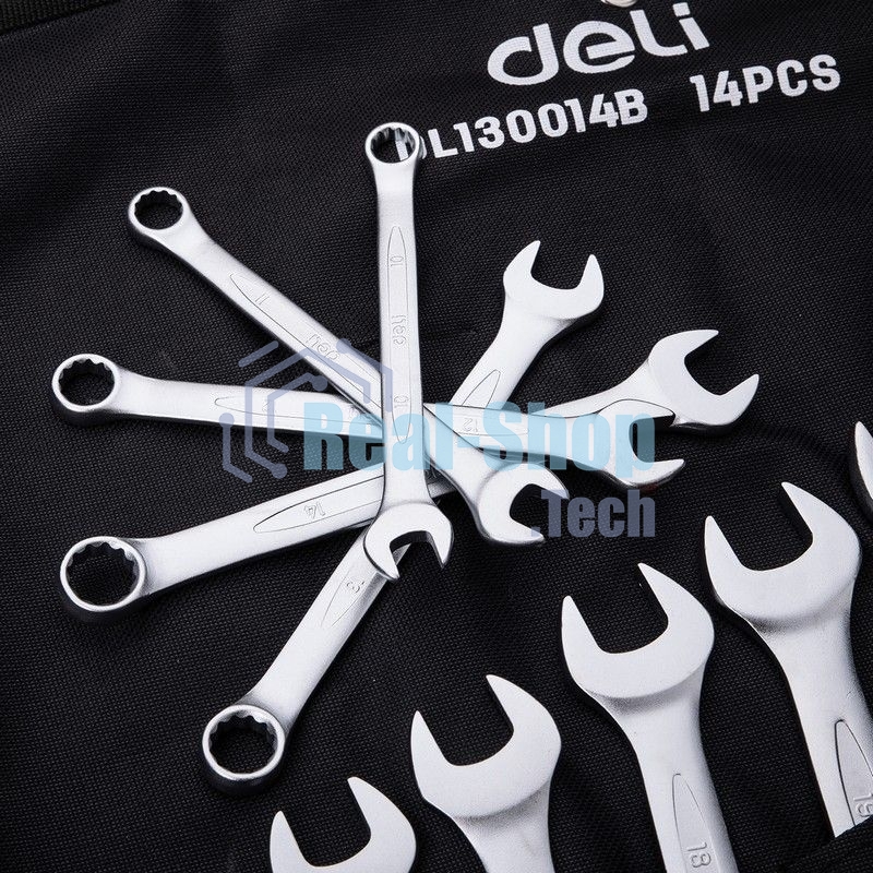Набор комбинированных гаечных ключей 14 шт Deli DL130014B Спецификация: 10 мм, 11 мм, 12 мм, 13 мм, 14 мм, 16 мм, 17 мм, 18 мм, 19 мм, 21 мм, 24 мм, 27 мм, 30 мм, 32 мм. Матовая хромированная поверхность. Тканевая упаковка.