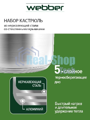 Набор посуды WEBBER BE-615/6 из нерж.стали 6 пр. 2,9 л, 5,1 л, 6,6 л со стеклянными крышками В наборе 6 предметов: кастрюля со стеклянной крышкой 18х11,5 см; 2,9 л кастрюля со стеклянной крышкой 22х13,5 см; 5,1 л кастрюля со стеклянной крышкой 24х14,5 см; 6,6 л Толщина стали 0,5 мм
