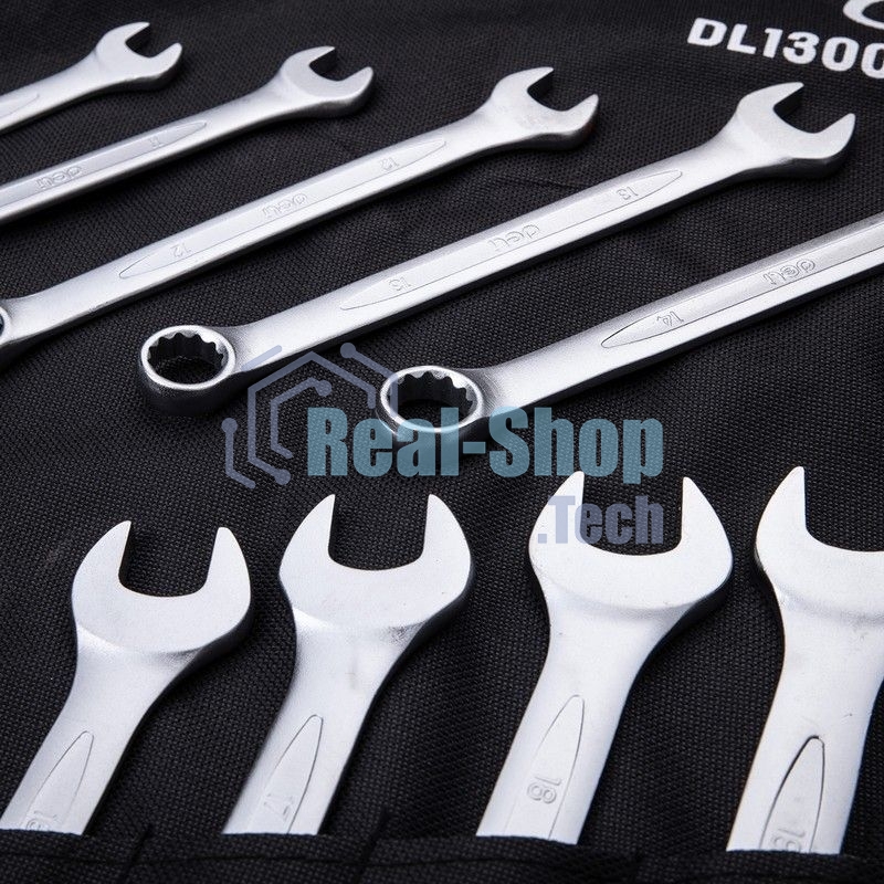 Набор комбинированных гаечных ключей 14 шт Deli DL130014B Спецификация: 10 мм, 11 мм, 12 мм, 13 мм, 14 мм, 16 мм, 17 мм, 18 мм, 19 мм, 21 мм, 24 мм, 27 мм, 30 мм, 32 мм. Матовая хромированная поверхность. Тканевая упаковка.