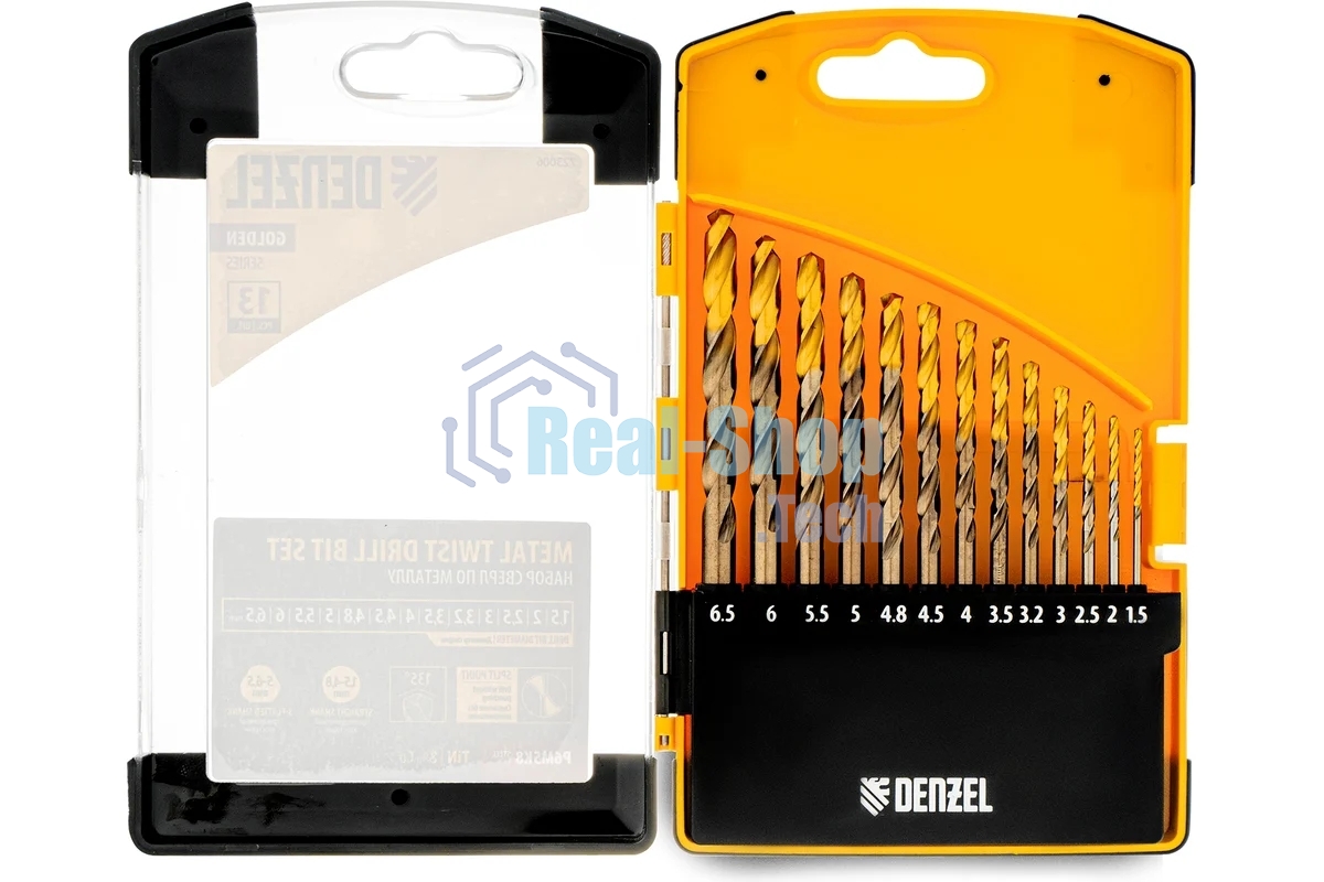 Набор сверл по металлу Denzel 1,5-6,5мм, Р6М5К8-TiN, Golden Tip, 13 шт 723006