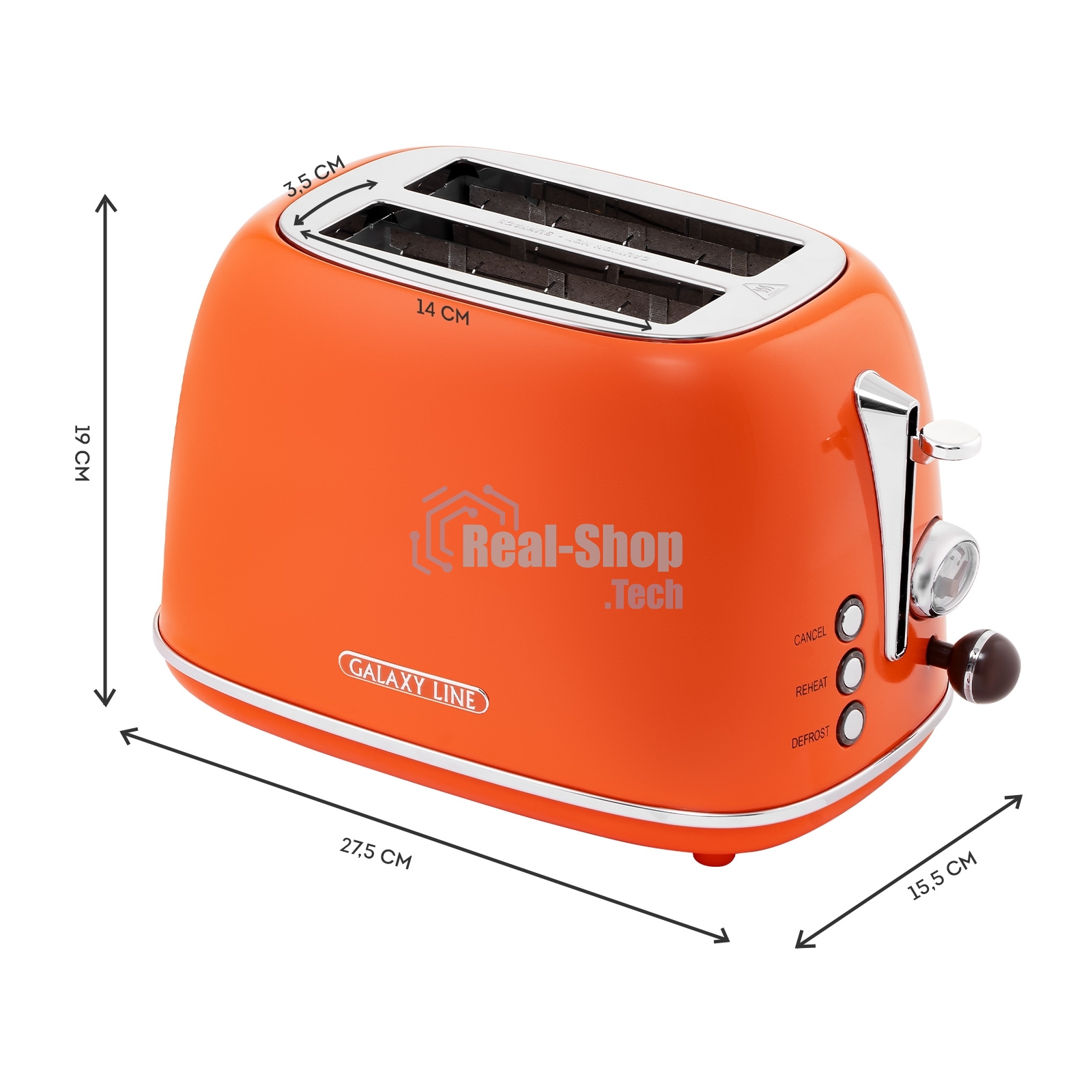 Тостер Galaxy Line GL 2921, апельсиновый фреш, металл, 900 Вт, 6 степеней поджарки
