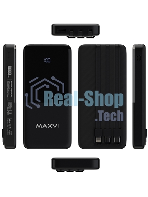 Портативный аккумулятор Maxvi PB10-09 10000 мАч, 2A USB + кабели: Type-C/Lightning/MicroUSB