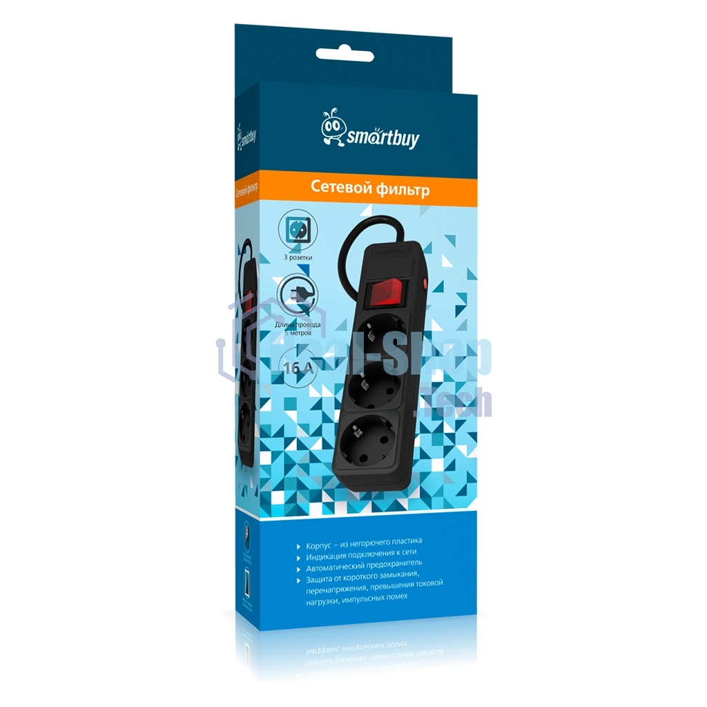Сетевой фильтр 16А, 3500 Вт, 3 гнезда, без з/ш, с з/к, ПВС 3x1.0, 5 м, черный (SBSP-3-50-K)
