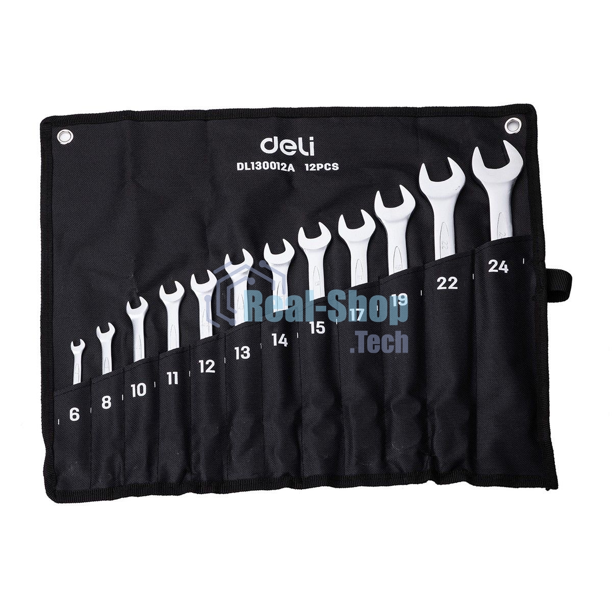Набор комбинированных гаечных ключей 12 шт Deli DL130012A Спецификация: 6 мм, 8 мм, 10 мм, 11 мм, 12 мм, 13 мм, 14 мм, 15 мм, 17 мм, 19 мм, 22 мм, 24 мм. Матовая хромированная поверхность. Тканевая упаковка.