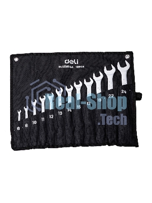 Набор комбинированных гаечных ключей 12 шт Deli DL130012A Спецификация: 6 мм, 8 мм, 10 мм, 11 мм, 12 мм, 13 мм, 14 мм, 15 мм, 17 мм, 19 мм, 22 мм, 24 мм. Матовая хромированная поверхность. Тканевая упаковка.