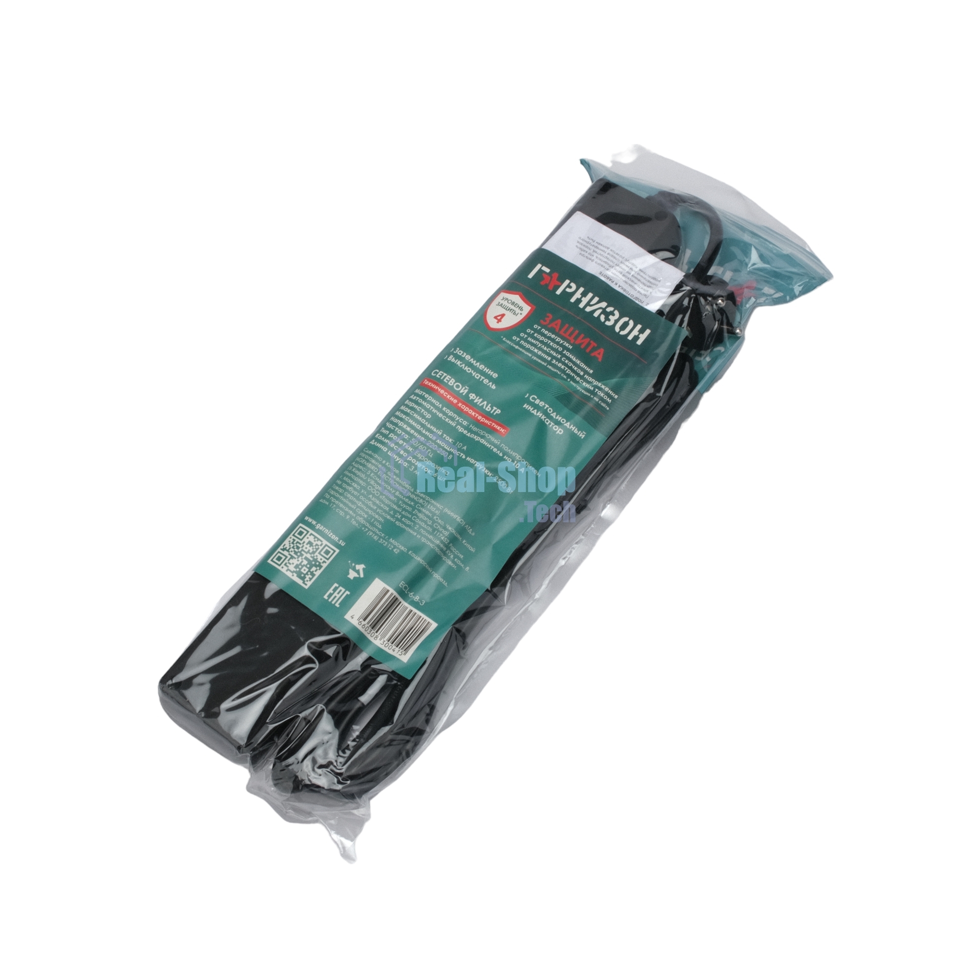 Сетевой фильтр Гарнизон 6 р, 10А, 3 м, ур.защиты 4, черный, пакет